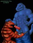  assisted_exposure balls biceps big_muscles blue blue_body body_markings clothed clothing dinosaur erection evo_t._rex fangs fellatio gay green_eyes half-dressed humanoid_penis jeans kneeling male markings muscles nipples nude open_mouth oral oral_sex pants pants_down pecs penis red_skin reptile scales scalie sex sheath standing stripes toned tongue topless undressing vein 