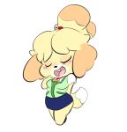  2018 animal_crossing anthro breasts buckteeth canine clothed clothing dog eyes_closed female fur grin isabelle_(animal_crossing) mammal nintendo pose shih_tzu short_stack skirt smile solo standing teeth vallycuts vest video_games yellow_fur 