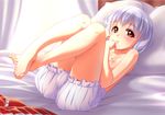  ahoge bad_id bad_pixiv_id barefoot bed bloomers breasts feet legs lying nipples on_back original pillow purple_hair red_eyes short_hair small_breasts solo toes topless underwear uz3d 
