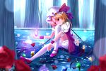  aru blonde_hair bow fire flandre_scarlet flowers fog forest grass hat petals rose short_hair tagme thighhighs touhou tree water wings 