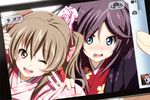  2girls animal blue_eyes blush brown_eyes brown_hair camera dog flowers japanese_clothes kimono long_hair original purple_hair rose short_hair suemizu_yuzuki wink 