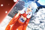 blue_eyes braids izayoi_sakuya japanese_clothes kimono moon night nigou_(aozoragarou) snow touhou tree white_hair 