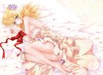  barefoot bed_sheet blonde_hair blue_eyes breasts dress flower hair_flower hair_ornament hellsing highres kurobe_sclock lace large_breasts long_legs lying nipple_slip nipples no_shoes on_side pearl petals ribbon seras_victoria short_hair solo strap_slip tears wrist_ribbon 