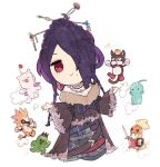  bare_shoulders belt belt_buckle black_dress braid breasts buckle cait_sith chibi cleavage closed_mouth dress final_fantasy final_fantasy_x full_body fur_collar hair_ornament hair_over_one_eye hair_stick jewelry kawasumi_(pixiv326156) lipstick long_hair long_sleeves looking_at_viewer lulu_(ff10) makeup mole mole_under_mouth moogle moomba necklace off-shoulder_dress off_shoulder onion_knight pupu_(ff8) purple_hair purple_lipstick red_eyes sabotender smile solo stuffed_toy wide_sleeves 