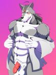  abs anthro balls biceps big_muscles big_penis black_nose blush bottomless canine choco_monaca clothed clothing erection eyes_closed fur grey_fur hair half-dressed male mammal morenatsu muscles nude open_shirt pecs penis plain_background pose presenting scar sheath shirt solo standing ten_kodori topless undressing vein white_fur wolf 