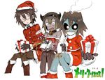  bare_shoulders black_gloves black_legwear blue_skin blush boots brown_hair character_request christmas detached_sleeves dress fur_trim gift glasses gloves grey_skin hat horns jack-in-the-box knees_together_feet_apart kusada megane-san_(kusada) monster_girl multiple_girls original pantyhose sack santa_costume santa_hat short_hair sitting sitting_on_lap sitting_on_person smoke strapless thighhighs tubetop volcano_(kusada) 