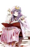  banned_artist book crescent dress fire hat hino_mamori jewelry lantern open_book outstretched_arm outstretched_hand patchouli_knowledge purple_eyes purple_hair ring sitting solo touhou 