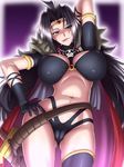  absurdres ahoge arm_up black_hair blue_eyes breasts cameltoe cape circlet from_below gloves hair_intakes hand_on_hip highres large_breasts long_hair naga_the_serpent naughty_face purple_background revealing_clothes shoulder_pads slayers solo taro tongue tongue_out 