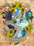  beard blonde_hair brown_hair caesar_anthonio_zeppeli facial_hair facial_mark feathers flower green_eyes green_jacket gyro_zeppeli hair_feathers hat headband jacket jojo_no_kimyou_na_bouken light_brown_hair lipstick long_hair makeup mosoplant multiple_boys nail_polish steel_ball_run sunflower 