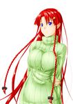  blue_eyes blush braid breasts hair_ornament hair_ribbon hairclip highres hong_meiling large_breasts long_hair niwatazumi no_hat no_headwear red_hair ribbed_sweater ribbon side_braid smile solo star star_hair_ornament sweater touhou turtleneck twin_braids very_long_hair 