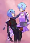  apron ayanami_rei bad_leg blue_hair bowl chopsticks derivative_work evangelion:_2.0_you_can_(not)_advance evangelion:_3.0_you_can_(not)_redo ladle lotus_tree miso_soup multiple_girls multiple_persona neon_genesis_evangelion parody plugsuit rebuild_of_evangelion red_eyes short_hair 