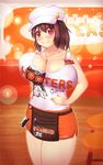  bad_id bad_pixiv_id breasts brown_hair cleavage employee_uniform hands_on_hips hooters huge_breasts jewelry long_hair necklace red_eyes smile solo toki_(tokinokogiri) uniform 