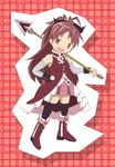  boots bow chibi dress fang hair_bow magical_girl mahou_shoujo_madoka_magica open_mouth philip_(n1k2-j) plaid plaid_background polearm ponytail red_dress red_eyes red_hair sakura_kyouko weapon 