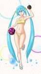  absurdly_long_hair absurdres aqua_eyes aqua_hair ball bikini breasts checkered checkered_background coconut full_body hatsune_miku highres jymjymjym long_hair navel sandals small_breasts solo swimsuit twintails very_long_hair vocaloid 