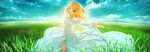  :d ahoge arm_garter artoria_pendragon_(all) backlighting blonde_hair blue_sky cloud cloudy_sky day dress fate/stay_night fate_(series) field fisheye floating_hair frilled_dress frills grass green_eyes hair_down happy head_tilt horizon juliet_sleeves long_dress long_image long_sleeves looking_at_viewer medium_hair neck_ribbon open_mouth outstretched_arm outstretched_hand puffy_sleeves ribbon saber sidelocks sky smile solo takeuchi_takashi white_dress white_ribbon wide_image wide_sleeves 