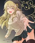  ^_^ aran_sweater beret black_legwear blonde_hair bra_strap breasts character_name closed_eyes happy happy_birthday hat hoshii_miki idolmaster idolmaster_(classic) large_breasts long_hair miniskirt open_mouth outstretched_hand skirt smile solo sweater tayu_(yuntayu) thighhighs 