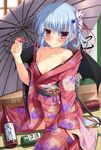  :q alternate_costume alternate_hairstyle bare_shoulders bat_wings blue_hair blush bottle collarbone commentary_request cup flat_chest floral_print fujieda_uzuki hair_ornament hair_ribbon hair_stick highres japanese_clothes kimono licking_lips long_sleeves looking_at_viewer obi off_shoulder oriental_umbrella pink_eyes red_eyes remilia_scarlet ribbon sakazuki sake_bottle sash side_ponytail sitting solo tatami tongue tongue_out touhou umbrella wide_sleeves wings 