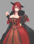  absurdres belly_grab breasts cape choker cleavage demon_girl dress hairband highres horns huge_breasts maou_(maoyuu) maoyuu_maou_yuusha marimo_maru red_eyes red_hair solo striped vertical_stripes weight_conscious 