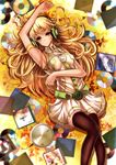  akg armpits black_legwear blonde_hair breasts cd cd_case cd_player character_request dress headphones highres impossible_clothes impossible_dress jianren long_hair lying medium_breasts on_back solo sony thighhighs white_dress zettai_ryouiki zipper 