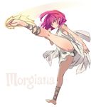  ankle_lace-up bare_legs barefoot blush breasts character_name cross-laced_footwear dress feet fighting_stance full_body kicking magi_the_labyrinth_of_magic morgiana okishiji_en one_side_up red_eyes red_hair sideboob simple_background small_breasts soles solo tied_hair 