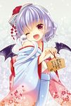 ;d alternate_costume bat_wings blush ema fang floral_print flower furisode hair_flower hair_ornament irori japanese_clothes kimono lavender_hair new_year obi off_shoulder one_eye_closed open_mouth red_eyes remilia_scarlet sash short_hair smile snake solo sparkle touhou translated white_snake wings 
