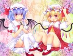  ascot bat_wings blonde_hair blue_hair blush dress fang flandre_scarlet flower hat hat_flower hat_ribbon heart highres looking_at_viewer multiple_girls open_mouth panties pantyshot pantyshot_(sitting) pink_dress pink_eyes pink_panties puffy_sleeves red_dress remilia_scarlet rena_(riries) ribbon short_hair short_sleeves siblings side_ponytail sisters sitting smile striped striped_panties touhou underwear white_panties wings 