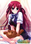  absurdres blue_eyes curtains fumio_(ura_fmo) grisaia_(series) grisaia_no_kajitsu grisaia_no_rakuen highres indian_style long_legs looking_at_viewer red_hair school_uniform sitting smile solo stuffed_animal stuffed_toy suou_amane teddy_bear 