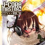  ahoge album_cover animal_ears aran_sweater blush bow brown_hair bunny_ears c.jam-packed cover glasses hair_bow headphones long_hair original red_eyes solo sweater wool 