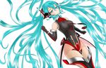  absurdly_long_hair alternate_costume aqua_eyes aqua_hair black_gloves boots breasts elbow_gloves gloves hatsune_miku headphones highres jymjymjym leotard long_hair medium_breasts miniskirt necktie see-through skirt solo thigh_boots thighhighs twintails very_long_hair vocaloid 