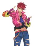  bloody_stream cintiq fingerless_gloves gloves green_eyes groin jacket jojo_no_kimyou_na_bouken joseph_joestar_(young) male_focus midriff pants red_hair red_jacket solo torn_clothes torn_pants transparent_background 
