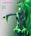  2013 ass bad_end_march bad_end_precure black_bodysuit bodysuit dark_persona fingerless_gloves gloves green_eyes green_hair grey_background happy_new_year long_hair new_year ponytail precure smile smile_precure! solo tiara vyz03110 