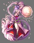  amane_nishiki androgynous arm_up blazblue blazblue:_chronophantasma cherry_blossoms full_body green_eyes grey_background half_updo male_focus mega5155214x otoko_no_ko purple_hair sandals sash smile solo 