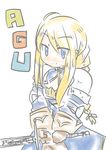  agrias_oaks ahoge armor blonde_hair blue_eyes braid chibi final_fantasy final_fantasy_tactics gloves long_hair mgnt pauldrons single_braid solo sword weapon 