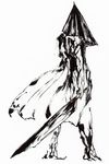  absurdres calligraphy_brush_(medium) great_knife highres male_focus monochrome pyramid_head shinkawa_youji_(style) shirokuro_uddo silent_hill silent_hill_2 solo sword traditional_media weapon 