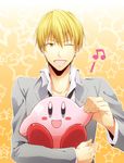  blonde_hair crossover highres kanade_(reveryearth) kirby kirby_(series) kise_ryouta kuroko_no_basuke musical_note one_eye_closed power_connection trait_connection yellow_eyes 