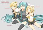  2girls all_fours aqua_eyes aqua_hair belt blonde_hair brother_and_sister character_name detached_sleeves hair_ribbon hatsune_miku headphones headset highres hug kagamine_len kagamine_rin kneehighs long_hair looking_at_viewer midriff multiple_girls navel necktie open_mouth ribbon rumia_(compacthuman) shorts siblings simple_background skirt thighhighs twintails very_long_hair vocaloid 