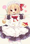  alternate_costume blonde_hair bow cake candy cupcake doraemon_(artist) enmaided food hair_ribbon heart lollipop maid maid_headdress open_mouth outstretched_arms red_eyes ribbon rumia skirt smile solo thighhighs touhou white_legwear 