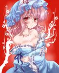  bare_shoulders blush breasts cleavage collarbone hat large_breasts pink_hair red_eyes ribbon saigyouji_yuyuko seidou_(tukinomiyako) short_hair solo touhou triangular_headpiece 