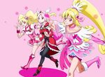  aida_mana bike_shorts black_legwear blonde_hair boots bow choker color_connection cure_heart cure_passion cure_peach curly_hair dokidoki!_precure earrings fresh_precure! hair_ornament hairpin half_updo head_wings heart heart_hair_ornament higashi_setsuna jewelry kijinaka_mahiro knee_boots long_hair magical_girl md5_mismatch momozono_love multiple_girls pantyhose pink_background pink_bow pink_choker pink_eyes pink_footwear pink_hair pink_sleeves ponytail precure red_eyes ribbon running shoes shorts shorts_under_skirt skirt smile tiara twintails white_choker 