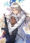  1girl absurdres assault_rifle blue_eyes coat dark_skin fn_fnc fur_trim gun height_difference highres hood hoodie hug hug_from_behind johnathan_mar jormungand koko_hekmatyar long_hair red_eyes redrop rifle short_hair weapon white_hair 