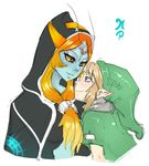  1girl bangs blonde_hair blue_eyes cape eye_contact eyeshadow forehead_jewel front_ponytail hat height_difference hood link long_hair looking_at_another makeup maniacpaint midna midna_(true) orange_hair parted_bangs pointy_ears red_eyes smile spoilers the_legend_of_zelda the_legend_of_zelda:_twilight_princess upper_body yellow_sclera 