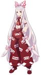  arm_belt bad_id bad_pixiv_id bow fujiwara_no_mokou hair_bow hair_ribbon hands_in_pockets highres long_hair pants red_eyes ribbon silver_hair smirk solo suspenders tensugi_takashi touhou very_long_hair 