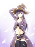  aerlai black_legwear borrowed_character breasts cleavage cropped_jacket hand_on_headwear hat highres jacket kaleina_(ricegnat) long_hair medium_breasts midriff miniskirt navel open_clothes open_jacket original petals pigeon-toed pointy_ears purple_eyes purple_hair skirt slender_waist smile snake_tail solo strapless tail thighhighs tubetop witch_hat zettai_ryouiki 