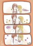  4koma absurdres blonde_hair blue_eyes blush brown_hair cheek_kiss comic embarrassed fukuji_mihoko heterochromia highres kiss long_hair multiple_girls open_mouth purple_eyes red_eyes saki smile takei_hisa yuri 