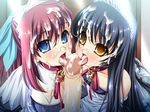  2girls black_hair blue_eyes blush breasts collar cum cum_in_mouth cum_on_tongue disembodied_penis fellatio goshujinsama_daisuki multiple_fellatio multiple_girls murakumo_sakura oral penis red_hair shishiouin_hime tongue uncensored zettai_maou 