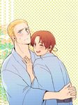  ahoge axis_powers_hetalia blonde_hair blue_eyes blush brown_eyes brown_hair germany_(hetalia) hug male_focus multiple_boys northern_italy_(hetalia) one_eye_closed open_mouth smile yaoi 