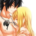  1girl blonde_hair closed_eyes couple cross fairy_tail gray_fullbuster hair_down hetero hug jewelry light_smile long_hair lucy_heartfilia necklace shirtless strib_und_werde tattoo topless 