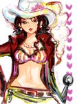  1girl alvida black_hair breasts cleavage cowboy_hat earrings flower hand_on_hip hat heart jewelry long_hair looking_at_viewer midriff navel one_piece open_clothes open_shirt shirt short solo tegaki 