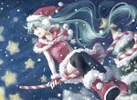  aqua_eyes aqua_hair boots christmas christmas_tree earmuffs fingerless_gloves gloves hat hatsune_miku highres long_hair neeta open_mouth riding santa_costume santa_hat sidesaddle skirt snow solo star thighhighs very_long_hair vocaloid 