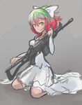  4chan arceonn assault_rifle bare_shoulders bow bridal_gauntlets brown_eyes dress gradient_hair green_hair gun hair_bow imi_galil kneeling long_hair multicolored_hair original pink_hair ponytail rifle solo waifu-tan weapon wedding_dress 